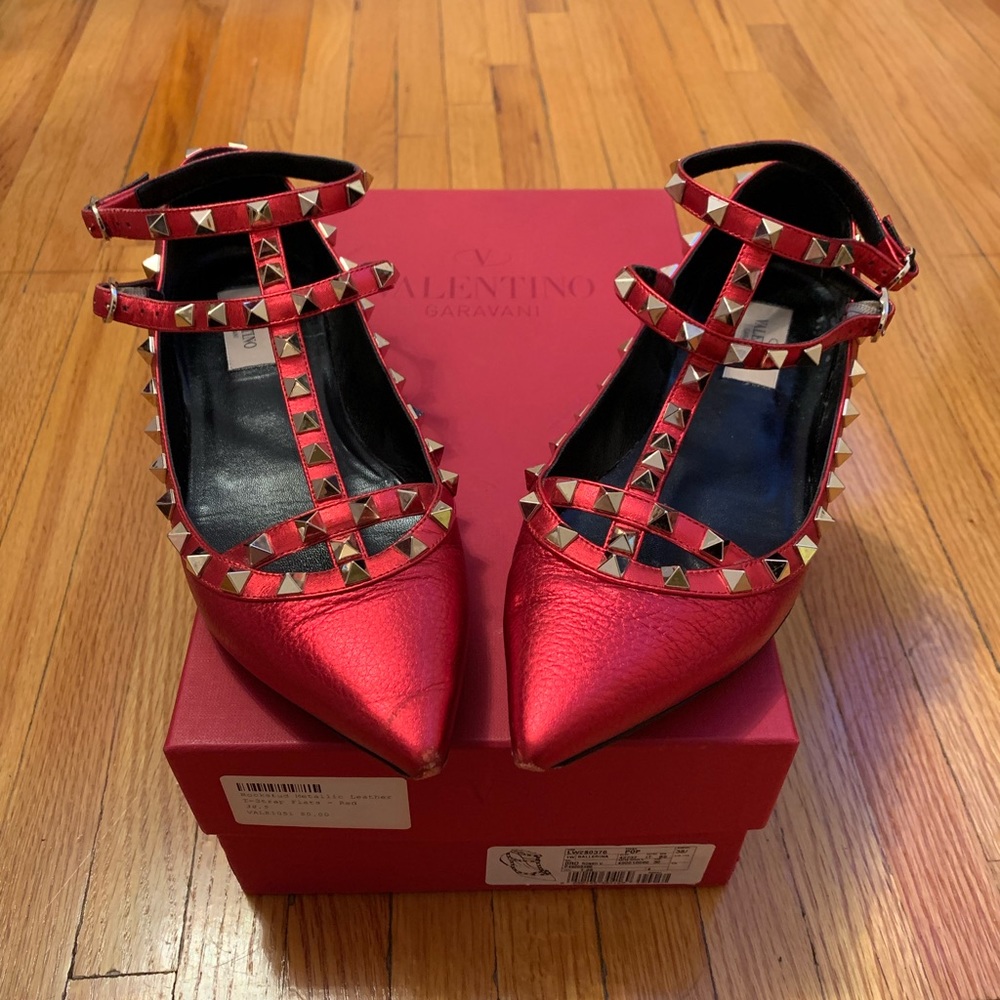 Valentino metallic red leather rockstud flats